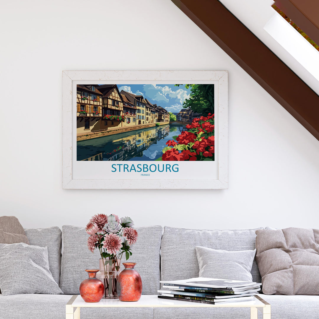 Strasbourg France Landscape Travel Poster Scenic Alsace City Wall Art Half Timbered Houses Print Europe Decor Beautiful Strasbourg Artwork