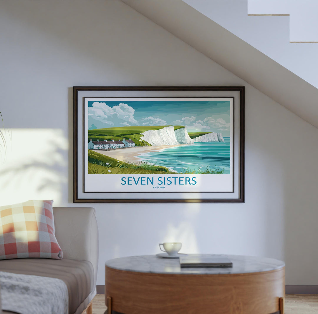 Seven Sisters England Landscape Travel Poster Scenic Chalk Cliffs Coastline Wall Art Sussex Seascape Print UK Decor Beautiful Seven Sisters