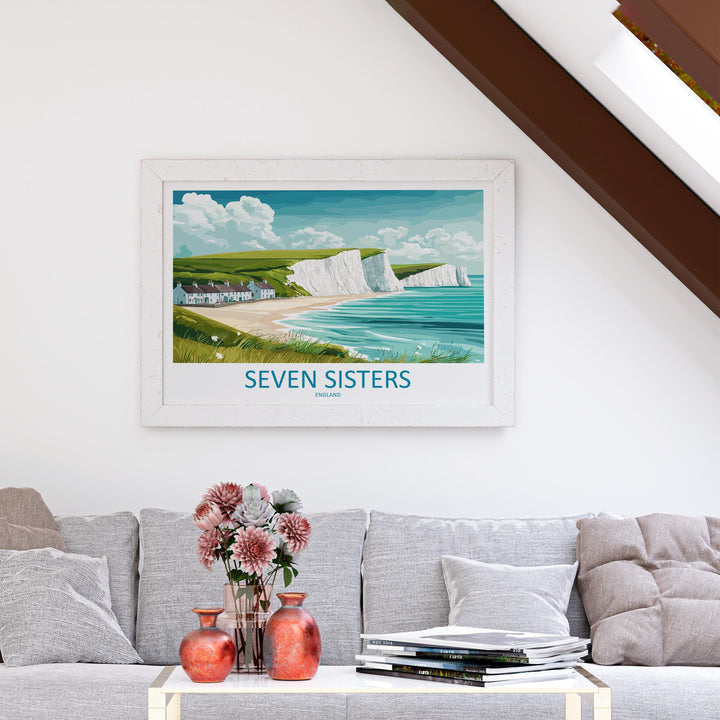 Seven Sisters England Landscape Travel Poster Scenic Chalk Cliffs Coastline Wall Art Sussex Seascape Print UK Decor Beautiful Seven Sisters