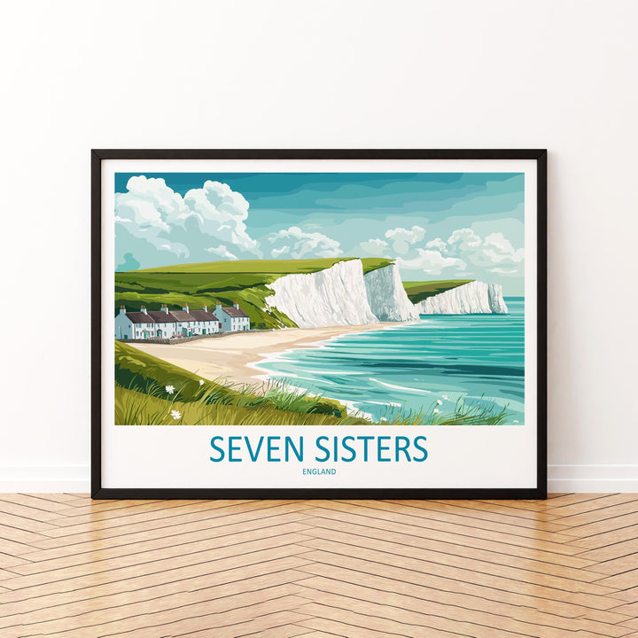 Seven Sisters England Landscape Travel Poster Scenic Chalk Cliffs Coastline Wall Art Sussex Seascape Print UK Decor Beautiful Seven Sisters