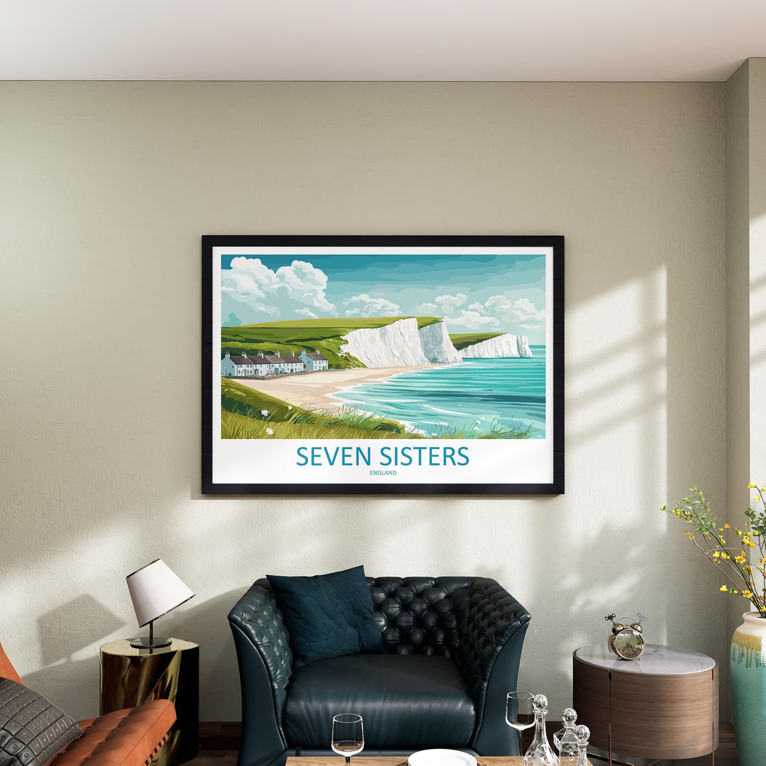 Seven Sisters England Landscape Travel Poster Scenic Chalk Cliffs Coastline Wall Art Sussex Seascape Print UK Decor Beautiful Seven Sisters