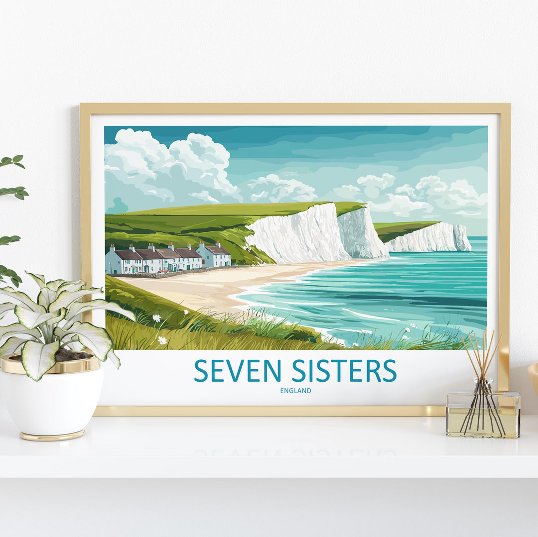Seven Sisters England Landscape Travel Poster Scenic Chalk Cliffs Coastline Wall Art Sussex Seascape Print UK Decor Beautiful Seven Sisters