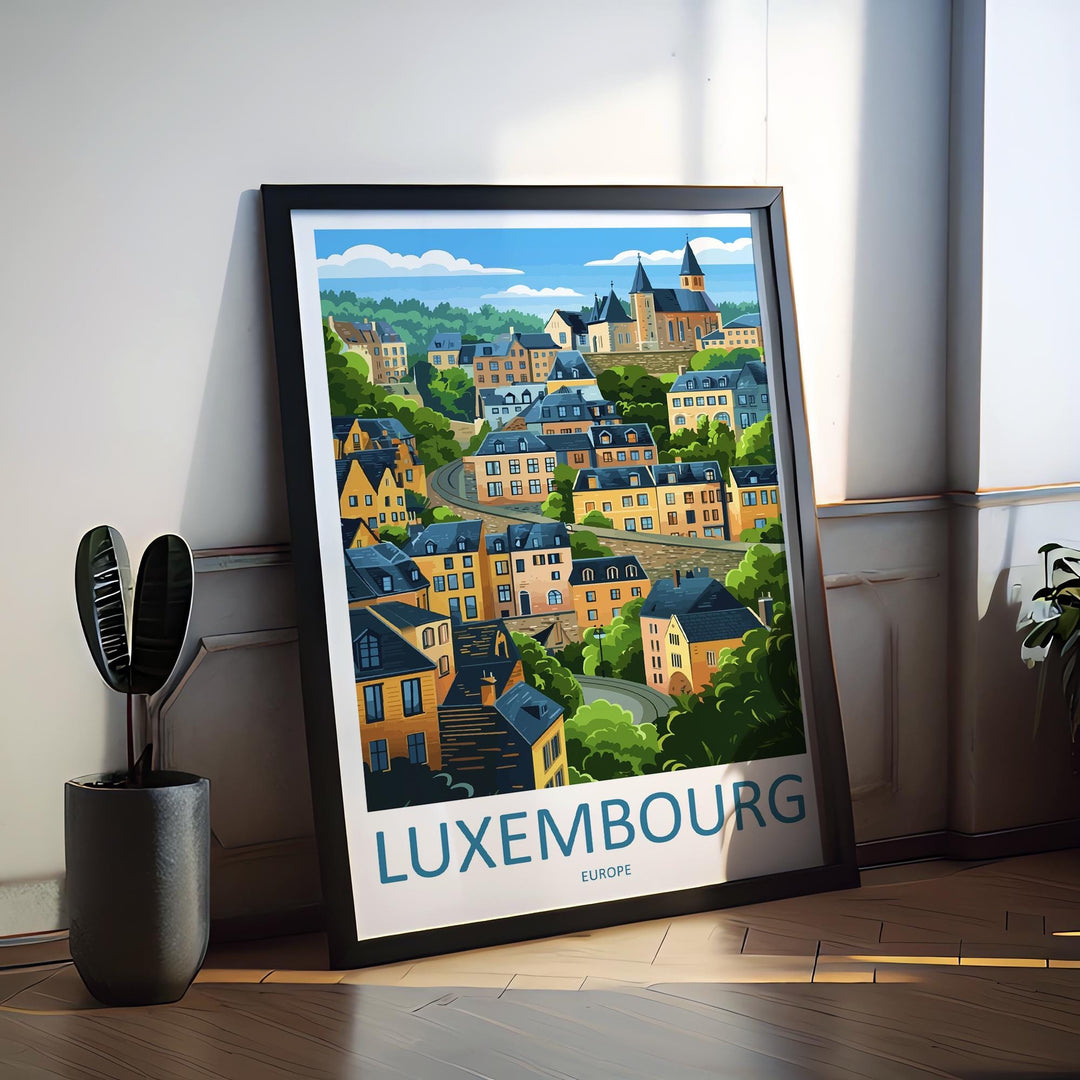 Luxembourg City Travel Poster Scenic Old Town Cliffs Wall Art Historic Fortifications Print Europe Decor Beautiful Luxembourg Artwork