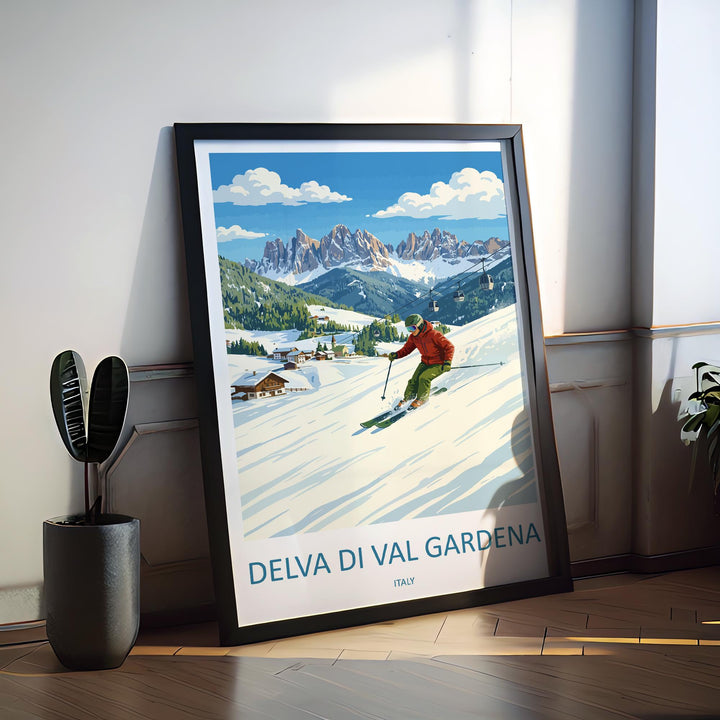 Selva di Val Gardena Italy Ski Print Travel Poster Dolomites Alpine Resort Wall Art Mountain Village Europe Decor Artwork