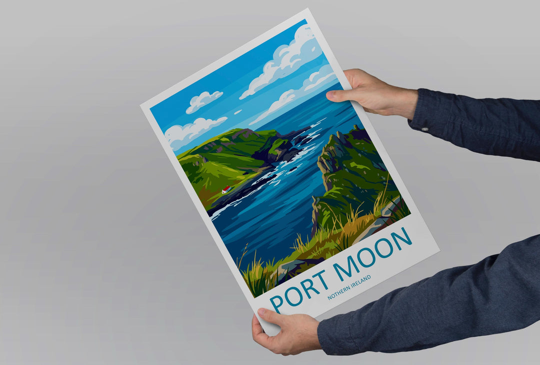 Port Moon Northern Ireland Travel Poster Coastal Cliffs Wall Art Scenic Antrim Coast Print Europe Decor Artwork