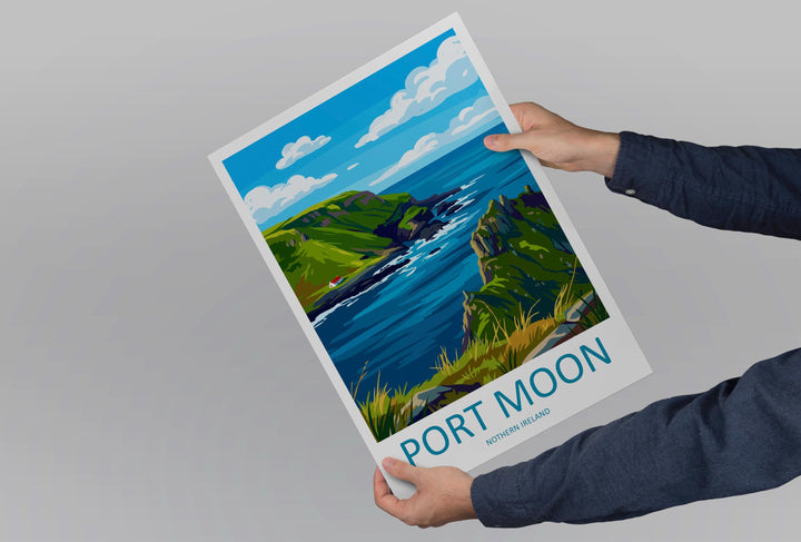 Port Moon Northern Ireland Travel Poster Coastal Cliffs Wall Art Scenic Antrim Coast Print Europe Decor Artwork