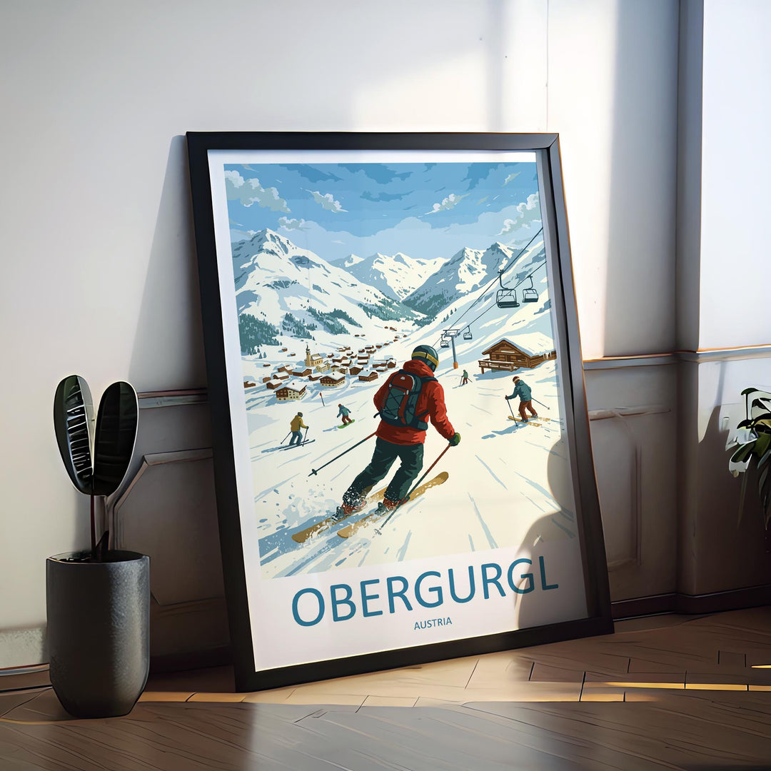 Obergurgl Austria Ski Print Travel Poster High Alpine Resort Wall Art Snow Sure Ski Village Europe Decor Artwork