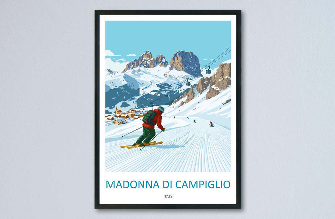 Madonna di Campiglio Italy Ski Print Travel Poster Alpine Resort Wall Art Dolomites Ski Village Winter Sports Europe Decor Artwork