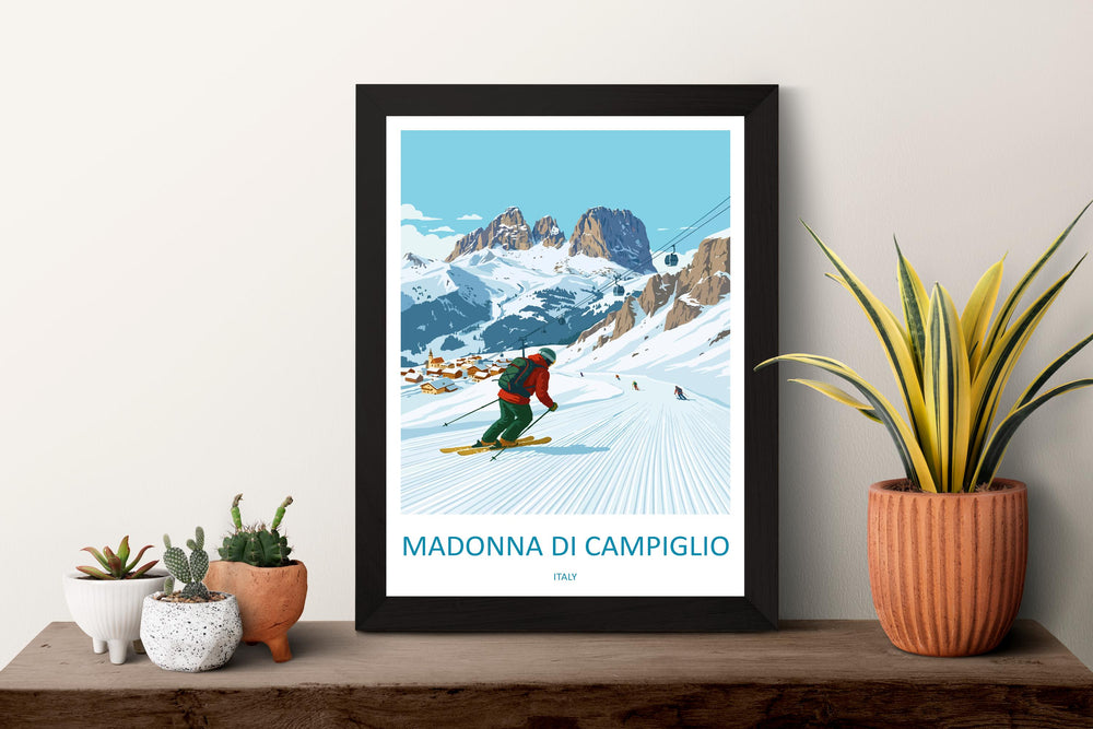 Madonna di Campiglio Italy Ski Print Travel Poster Alpine Resort Wall Art Dolomites Ski Village Winter Sports Europe Decor Artwork