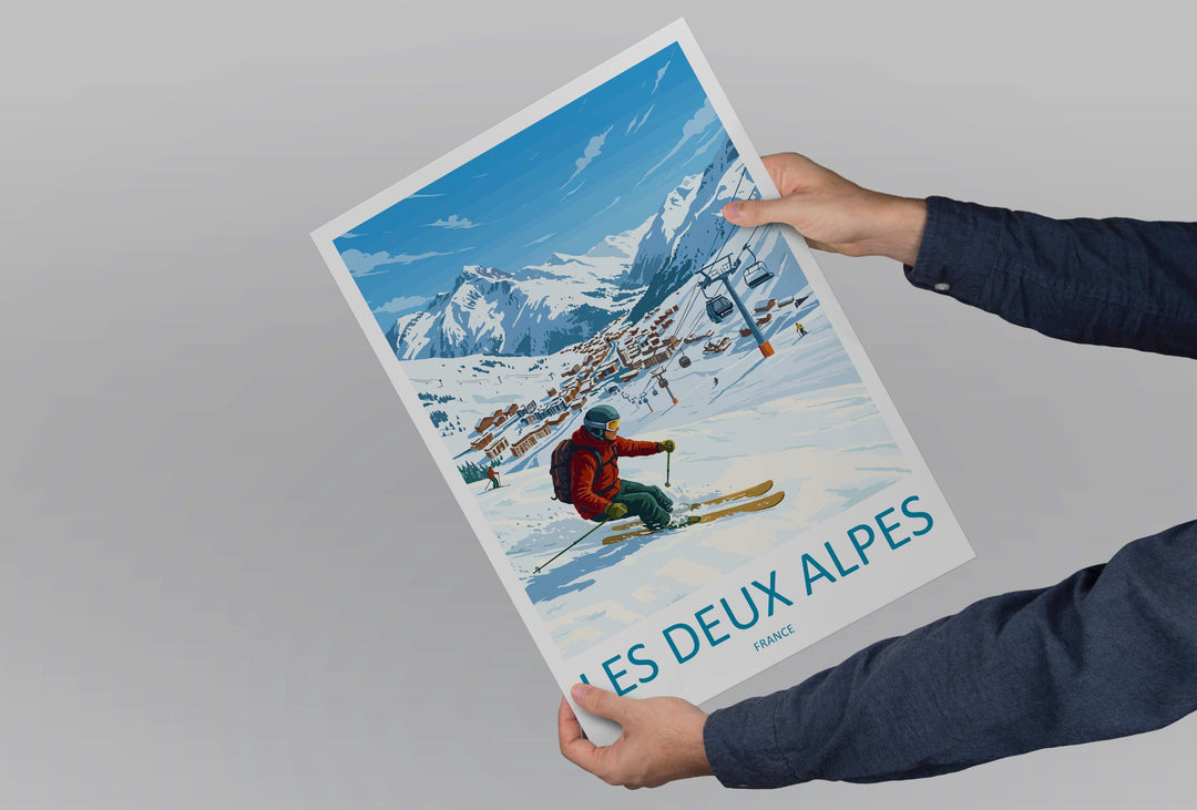 Les Deux Alpes France Ski Print Travel Poster High Alpine Resort Wall Art Glacier Ski Area Winter Sports Europe Decor Artwork