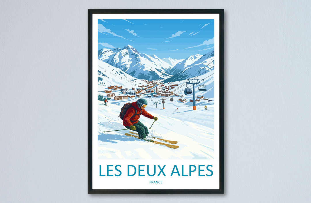 Les Deux Alpes France Ski Print Travel Poster High Alpine Resort Wall Art Glacier Ski Area Winter Sports Europe Decor Artwork