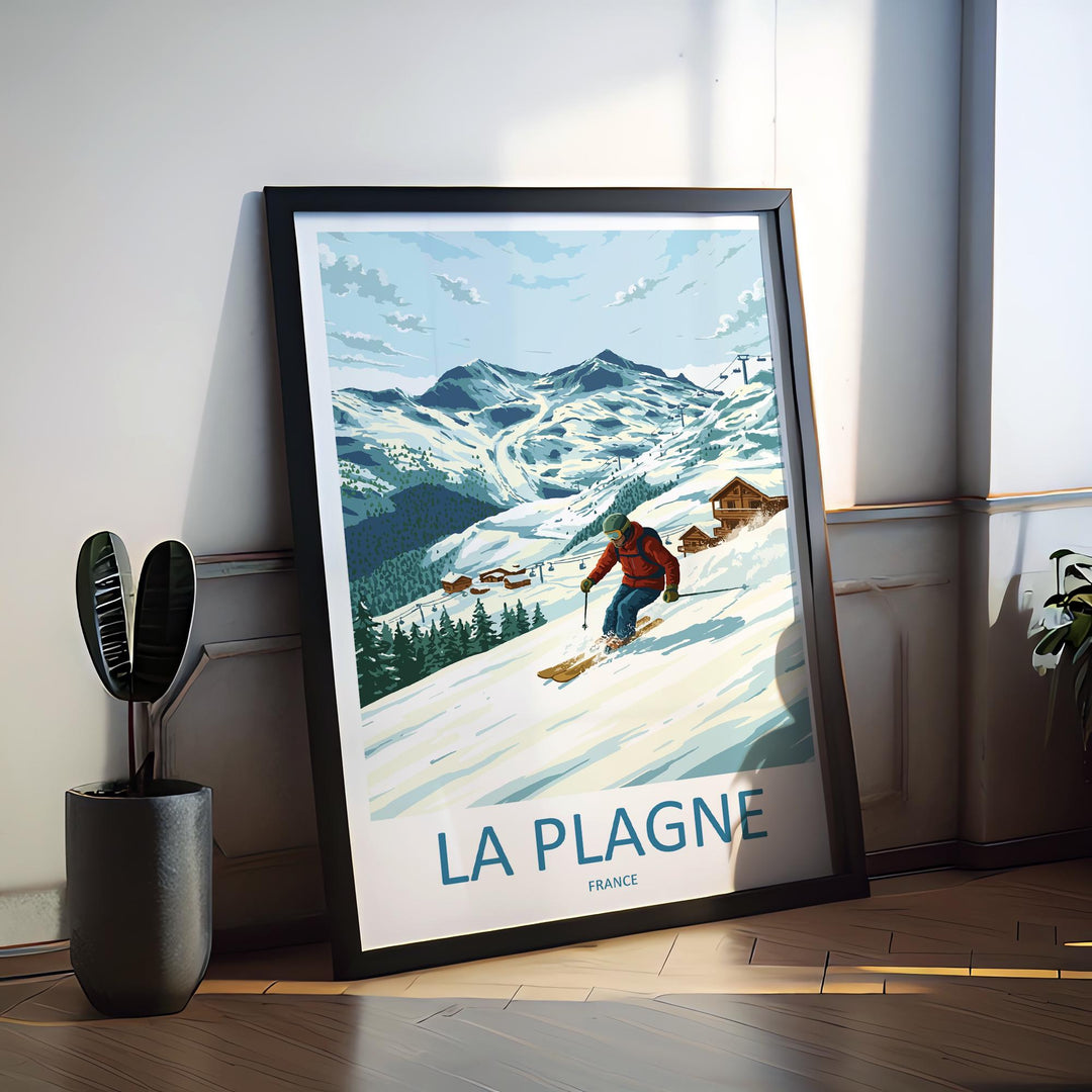 La Plagne France Ski Print Travel Poster Alpine Resort Wall Art Paradiski Ski Area Mountain Village Winter Sports Europe Decor Artwork