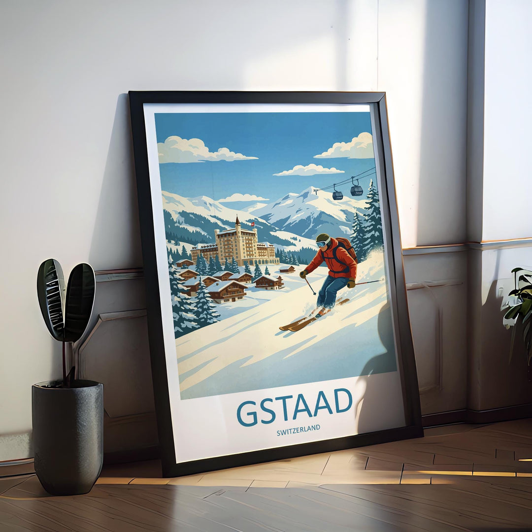 Gstaad Switzerland Ski Print Travel Poster Luxury Alpine Resort Wall Art Swiss Alps Ski Village Winter Sports Europe Decor Artwork