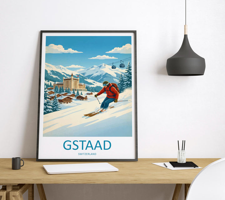 Gstaad Switzerland Ski Print Travel Poster Luxury Alpine Resort Wall Art Swiss Alps Ski Village Winter Sports Europe Decor Artwork