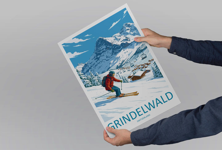 Grindelwald Switzerland Ski Print Travel Poster Alpine Village Wall Art Bernese Alps Ski Resort Winter Sports Europe Decor Artwork