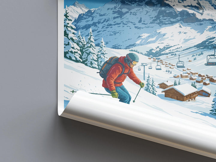 Grindelwald Switzerland Ski Print Travel Poster Alpine Village Wall Art Bernese Alps Ski Resort Winter Sports Europe Decor Artwork