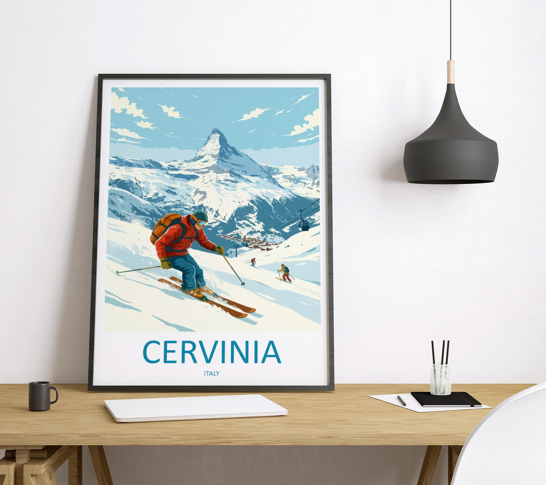 Cervinia Italy Ski Print Travel Poster Alpine Resort Wall Art Matterhorn Ski Village Winter Sports Europe Decor Artwork