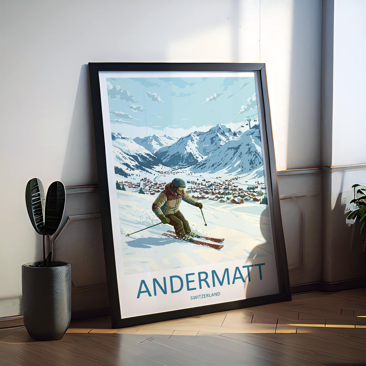 Andermatt Switzerland Ski Print Travel Poster Alpine Resort Wall Art High Alpine Ski Village Winter Sports Europe Decor Artwork