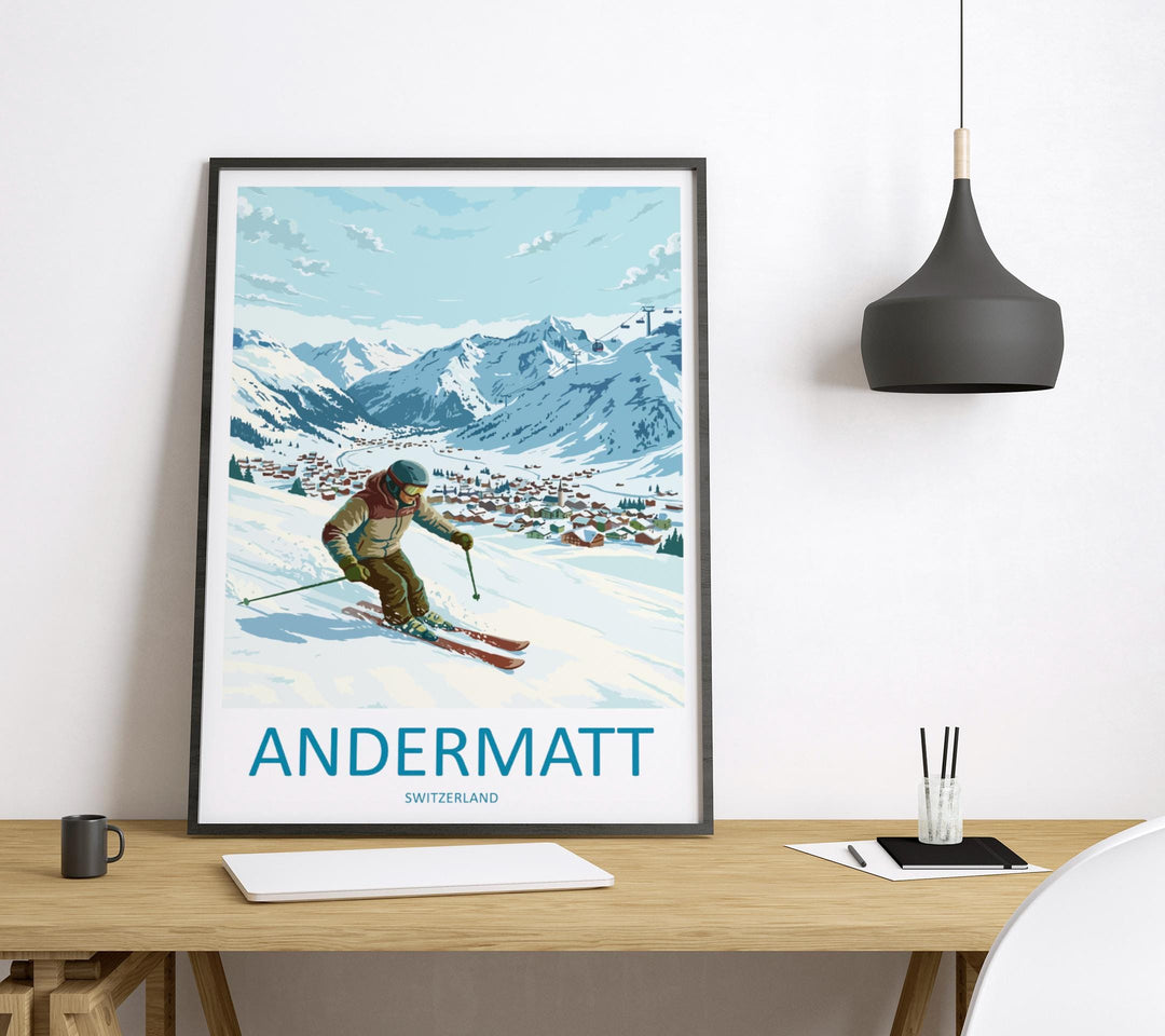 Andermatt Switzerland Ski Print Travel Poster Alpine Resort Wall Art High Alpine Ski Village Winter Sports Europe Decor Artwork