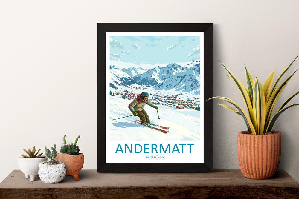 Andermatt Switzerland Ski Print Travel Poster Alpine Resort Wall Art High Alpine Ski Village Winter Sports Europe Decor Artwork