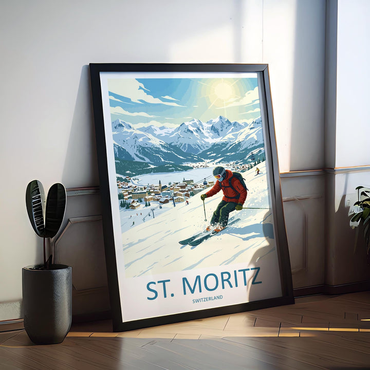St Moritz Switzerland Ski Print Travel Poster Luxury Alpine Resort Wall Art Swiss Alps Ski Village Europe Decor Artwork