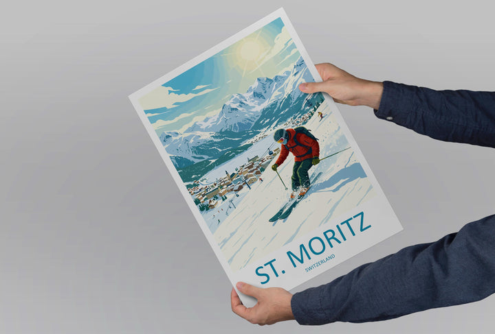 St Moritz Switzerland Ski Print Travel Poster Luxury Alpine Resort Wall Art Swiss Alps Ski Village Europe Decor Artwork