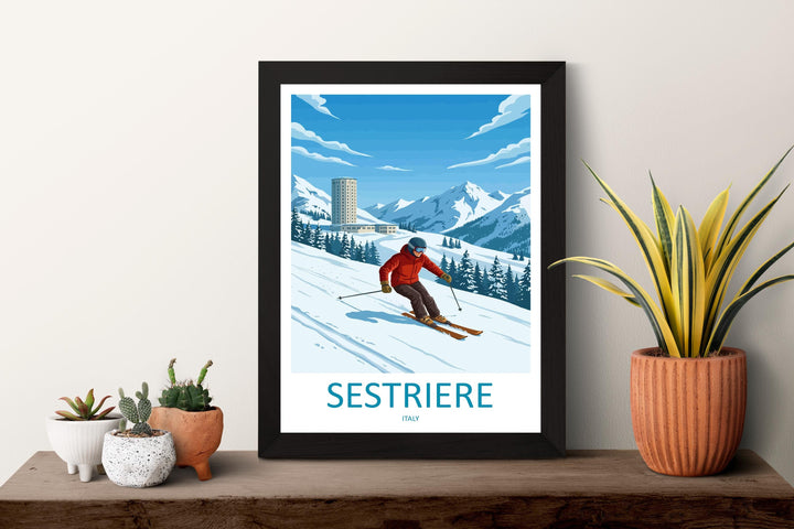 Sestriere Italy Ski Print Travel Poster Alpine Resort Wall Art Italian Alps Ski Village Winter Sports Europe Decor Artwork