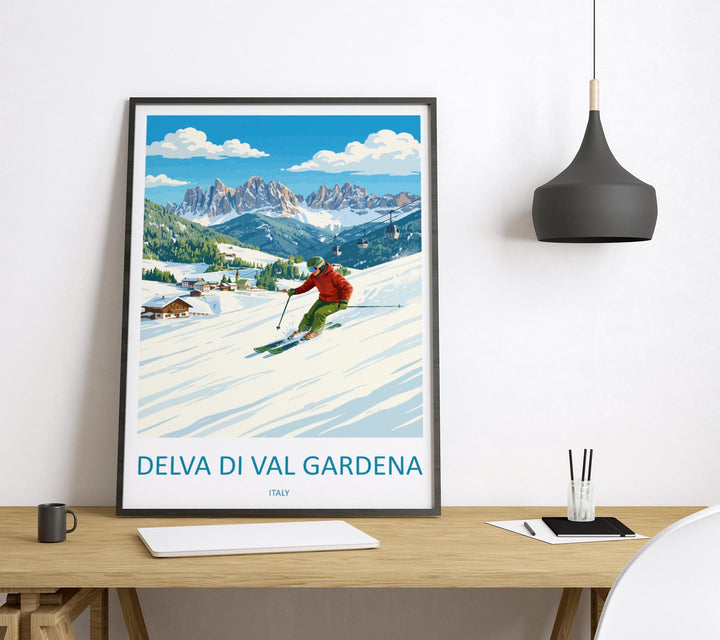 Selva di Val Gardena Italy Ski Print Travel Poster Dolomites Alpine Resort Wall Art Mountain Village Europe Decor Artwork