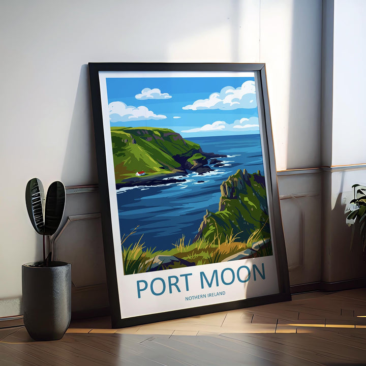 Port Moon Northern Ireland Travel Poster Coastal Cliffs Wall Art Scenic Antrim Coast Print Europe Decor Artwork