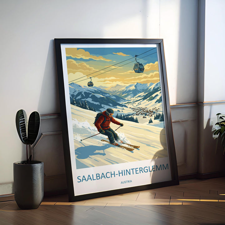 Saalbach Hinterglemm Austria Ski Print Travel Poster Alpine Resort Wall Art Famous Ski Area Winter Sports Europe Decor Artwork