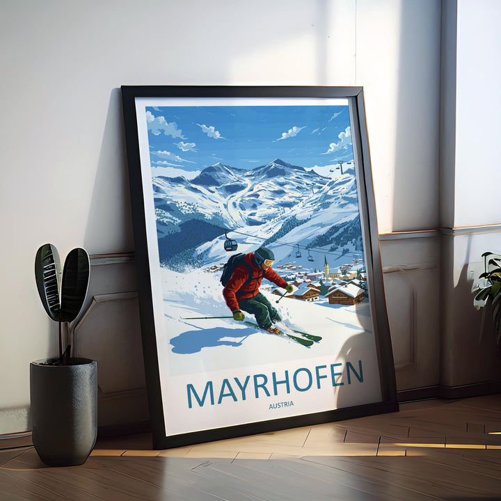 Mayrhofen Austria Ski Print Travel Poster Alpine Resort Wall Art Zillertal Valley Ski Village Winter Sports Europe Decor Artwork