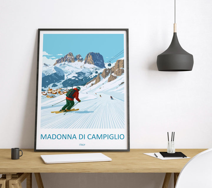 Madonna di Campiglio Italy Ski Print Travel Poster Alpine Resort Wall Art Dolomites Ski Village Winter Sports Europe Decor Artwork