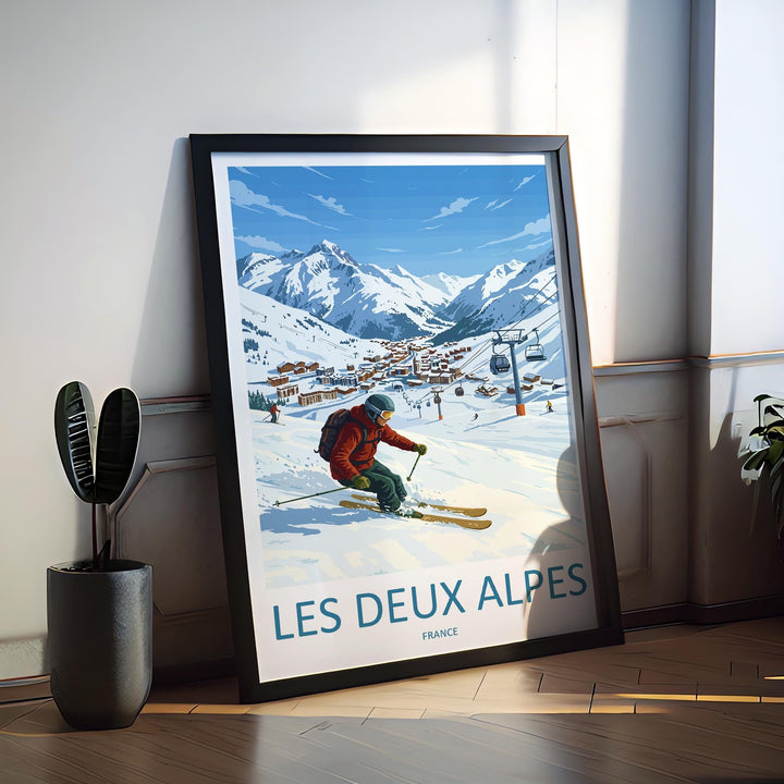 Les Deux Alpes France Ski Print Travel Poster High Alpine Resort Wall Art Glacier Ski Area Winter Sports Europe Decor Artwork