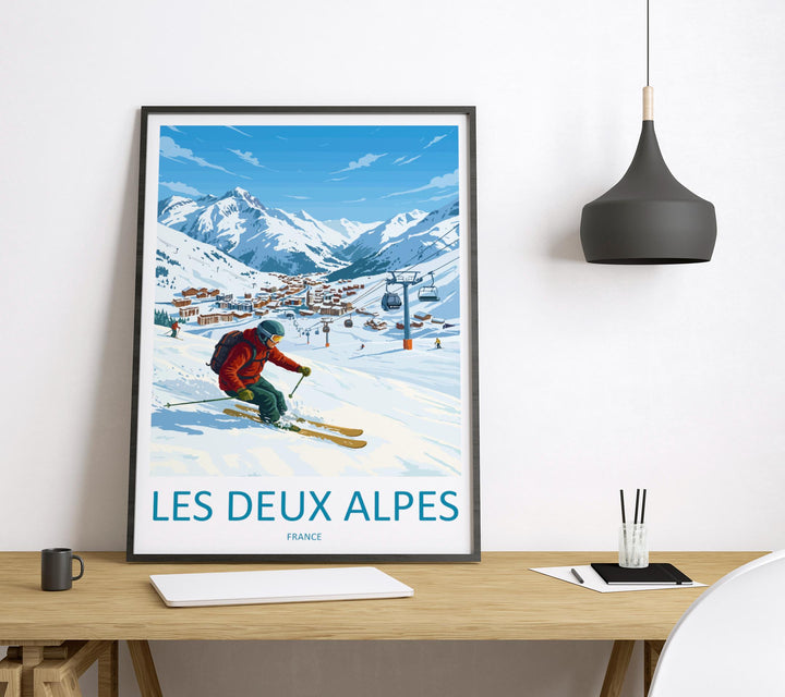 Les Deux Alpes France Ski Print Travel Poster High Alpine Resort Wall Art Glacier Ski Area Winter Sports Europe Decor Artwork