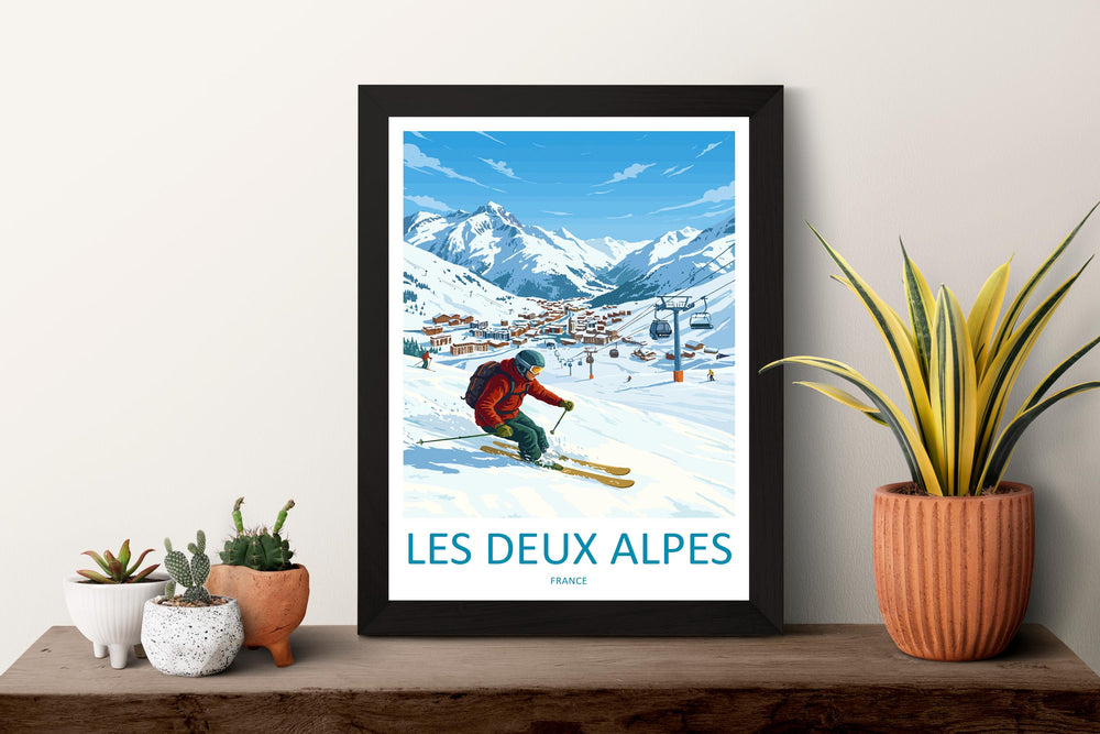 Les Deux Alpes France Ski Print Travel Poster High Alpine Resort Wall Art Glacier Ski Area Winter Sports Europe Decor Artwork
