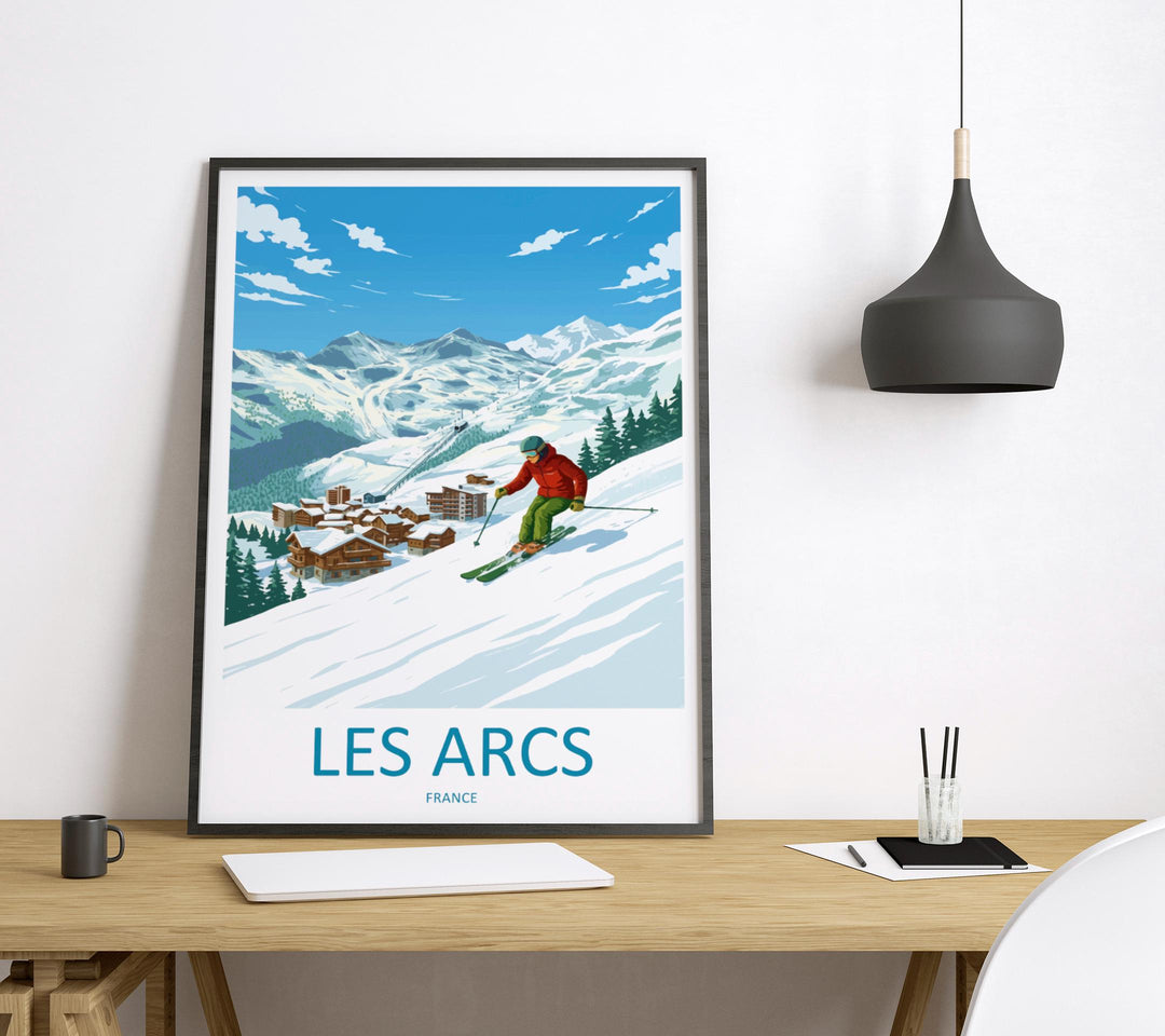 Les Arcs France Ski Print Travel Poster Alpine Resort Wall Art Paradiski Ski Area Mountain Village Winter Sports Europe Decor Artwork