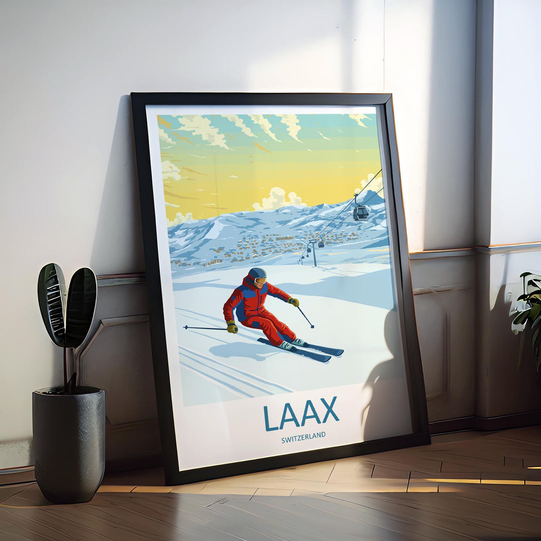 Laax Switzerland Ski Print Travel Poster Alpine Resort Wall Art Freestyle Ski Area Mountain Village Winter Sports Europe Decor Artwork