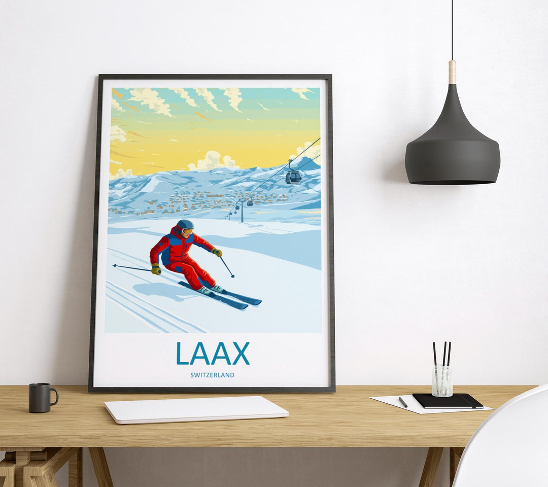 Laax Switzerland Ski Print Travel Poster Alpine Resort Wall Art Freestyle Ski Area Mountain Village Winter Sports Europe Decor Artwork