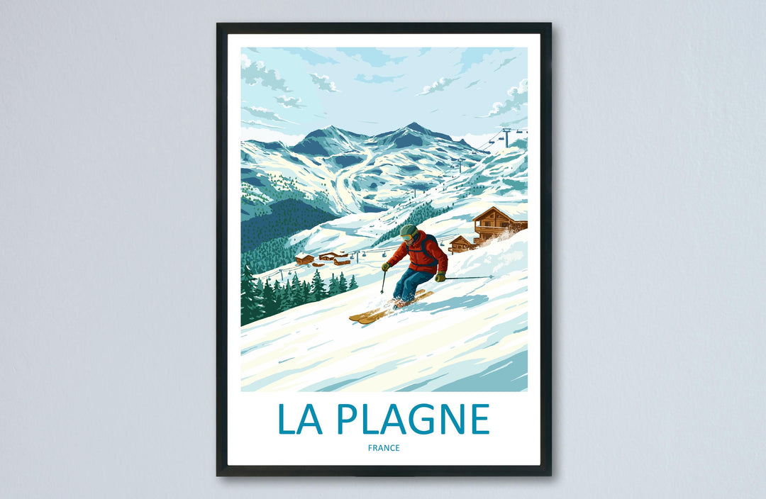 La Plagne France Ski Print Travel Poster Alpine Resort Wall Art Paradiski Ski Area Mountain Village Winter Sports Europe Decor Artwork