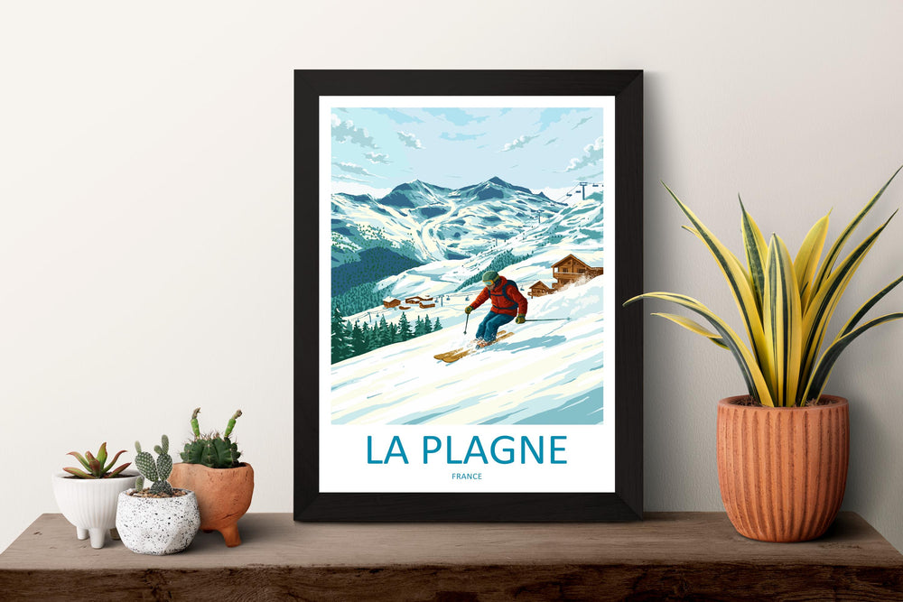 La Plagne France Ski Print Travel Poster Alpine Resort Wall Art Paradiski Ski Area Mountain Village Winter Sports Europe Decor Artwork