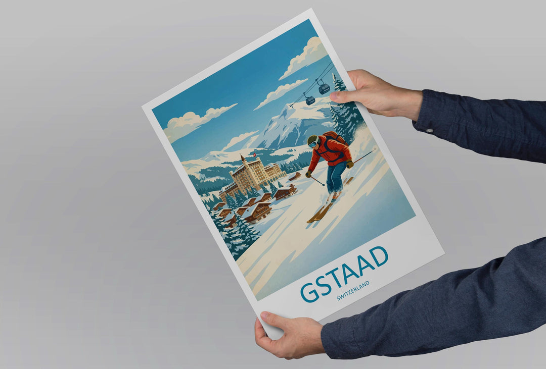 Gstaad Switzerland Ski Print Travel Poster Luxury Alpine Resort Wall Art Swiss Alps Ski Village Winter Sports Europe Decor Artwork
