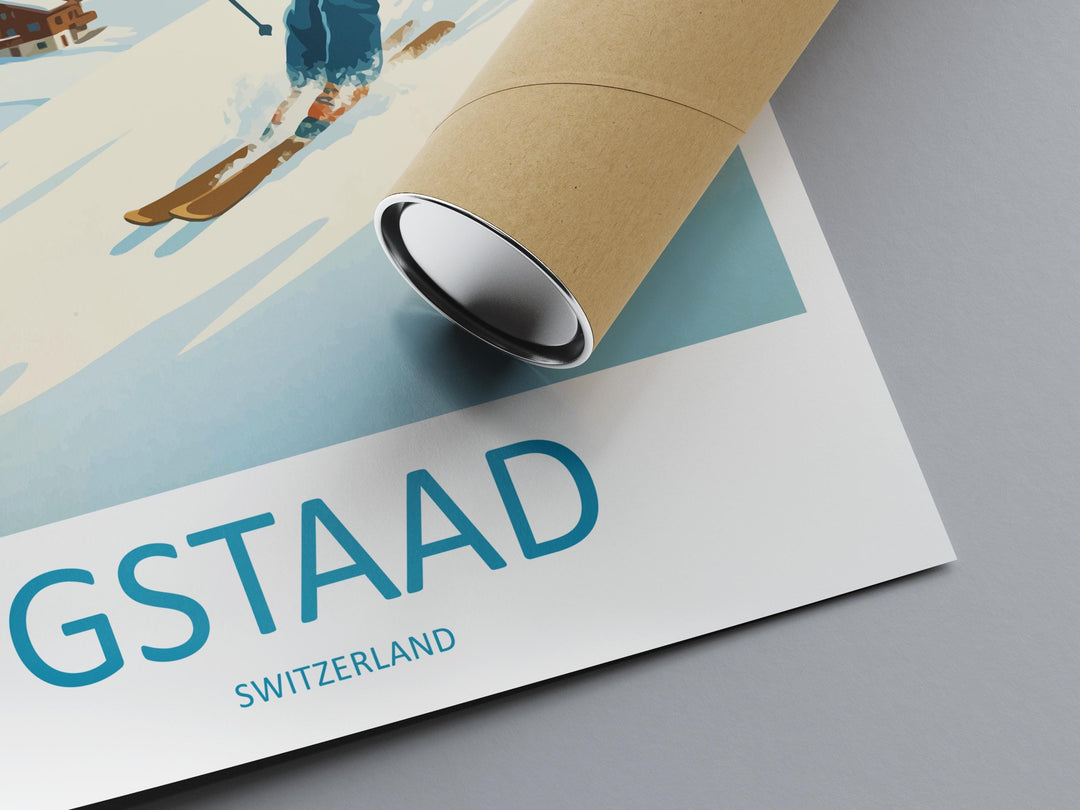 Gstaad Switzerland Ski Print Travel Poster Luxury Alpine Resort Wall Art Swiss Alps Ski Village Winter Sports Europe Decor Artwork