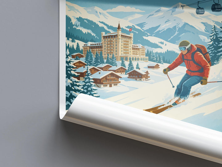 Gstaad Switzerland Ski Print Travel Poster Luxury Alpine Resort Wall Art Swiss Alps Ski Village Winter Sports Europe Decor Artwork