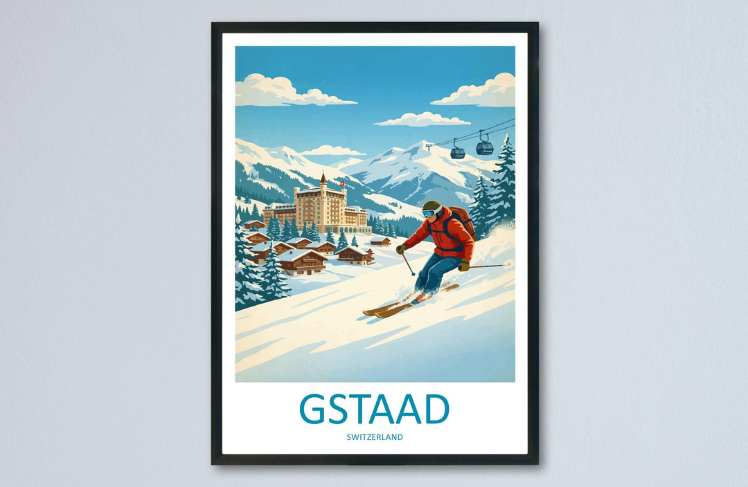 Gstaad Switzerland Ski Print Travel Poster Luxury Alpine Resort Wall Art Swiss Alps Ski Village Winter Sports Europe Decor Artwork