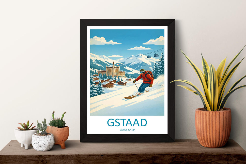 Gstaad Switzerland Ski Print Travel Poster Luxury Alpine Resort Wall Art Swiss Alps Ski Village Winter Sports Europe Decor Artwork