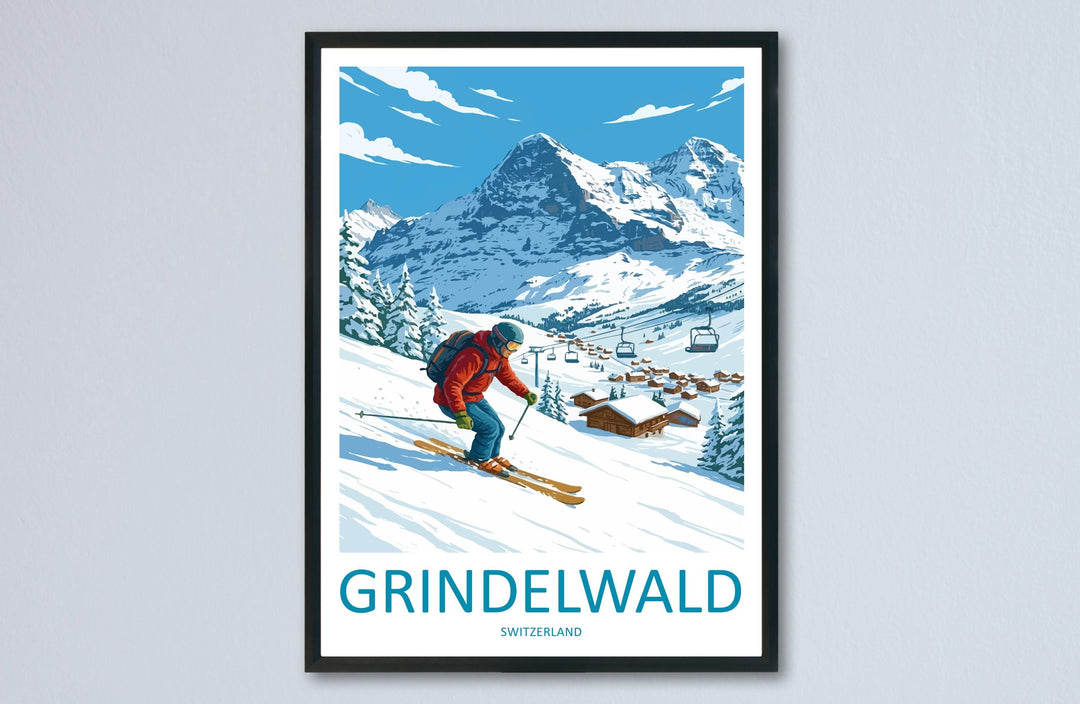 Grindelwald Switzerland Ski Print Travel Poster Alpine Village Wall Art Bernese Alps Ski Resort Winter Sports Europe Decor Artwork