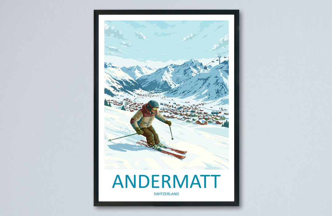 Andermatt Switzerland Ski Print Travel Poster Alpine Resort Wall Art High Alpine Ski Village Winter Sports Europe Decor Artwork