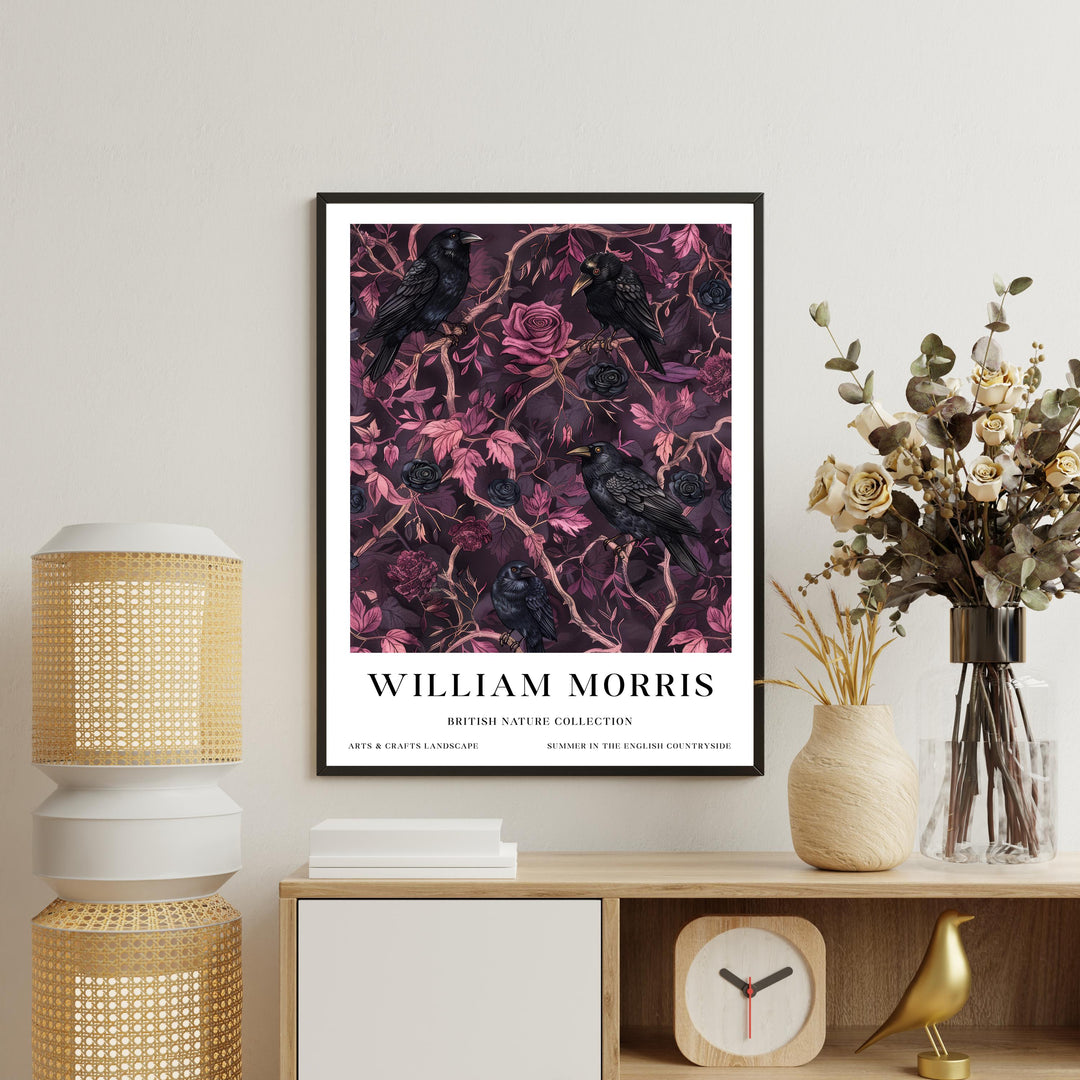 William Morris Raven Wall Art Pink Dark Floral Botanical Print Gothic Cottagecore Decor Arts And Crafts Poster Artwork for Home