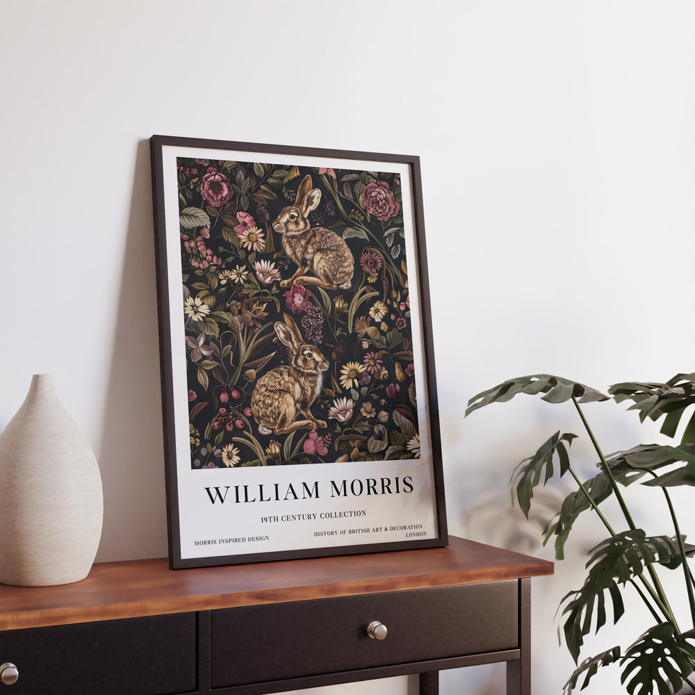 William Morris Hare Rabbit Wall Art Woodland Animal Dark Floral Botanical Print Cottagecore Decor Arts And Crafts Poster Artwork for Home