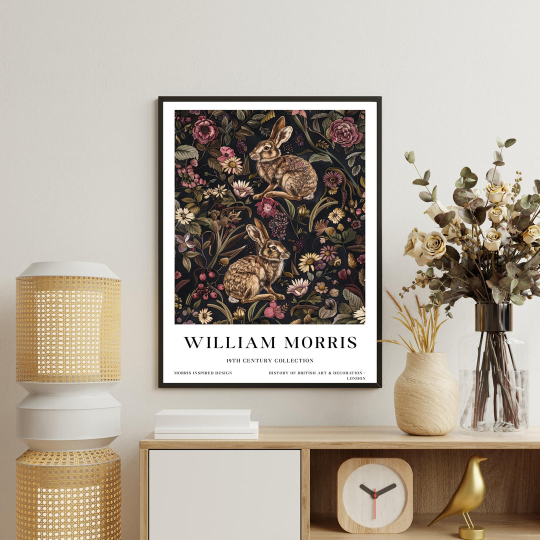 William Morris Hare Rabbit Wall Art Woodland Animal Dark Floral Botanical Print Cottagecore Decor Arts And Crafts Poster Artwork for Home